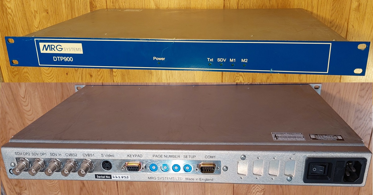 A blue fronted 19 inch rack mounted unit. Marked MRG Sytems, it has five lights on the front and five BNC sockets, two DSUB sockets and a number of hex switches on the back.