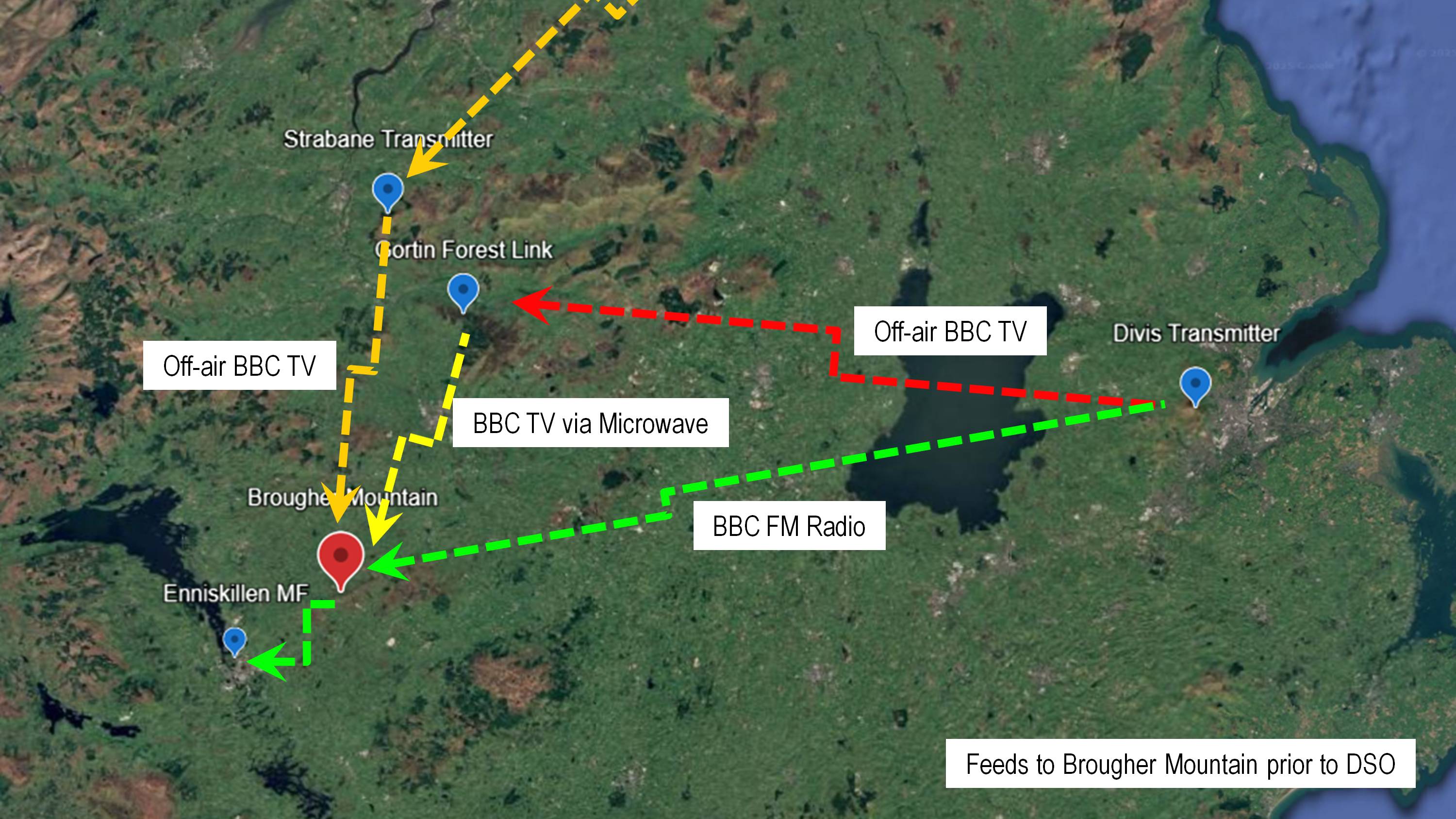 Map showing Brougher Mountain in relation to a few other nearby transmitter sites.