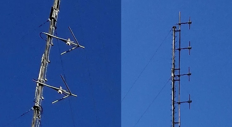 The upper antenna consists of four vertical poles suspended out from the side of the mast. The lower one looks like two arrows pointing away from each-other, set at an angle apart.