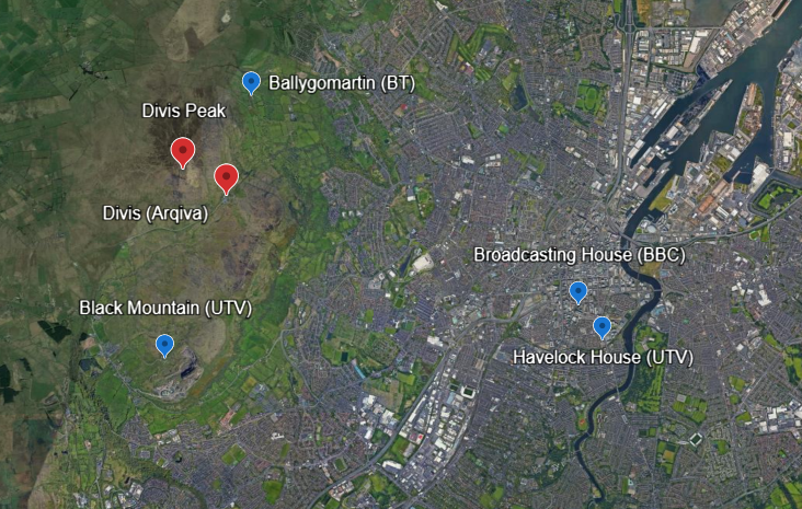 Map showing the location of the Divis masts relative to Black Mountain, Belfast, BBC Broadcasting House, UTV Havelock House, and BT's Ballygomartin site.