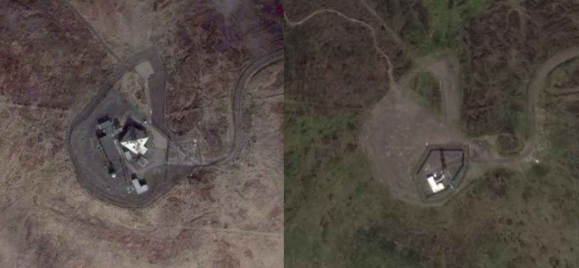 Overhead view showing the original military base compared with what remains of the site today.